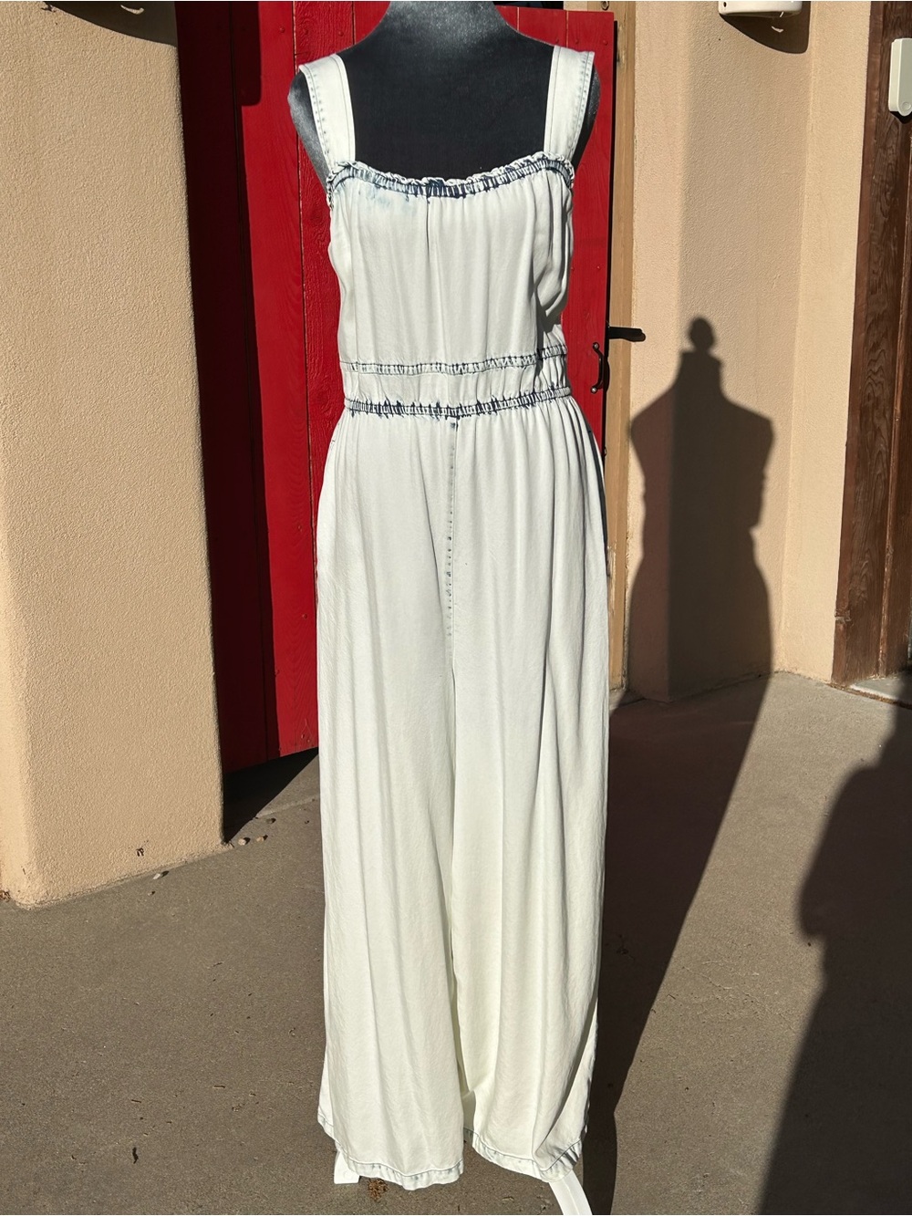 Mystree White Wide-Leg Smocked Jumpsuit
